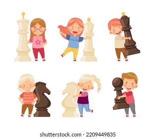 Children holding big chess pieces while playing chess strategy game for brain development cartoon vector illustration