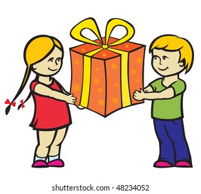 children holding birthday present