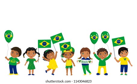 children holding Brazil flags. Modern design template for greeting card, ad, promotion, poster, flyer, blog, article, social media Vector illustration