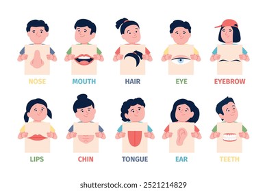 Crianças segurando cartões com partes do rosto. Crianças isoladas demonstram parte da cabeça, cabelo boca língua queixo nariz dentes olho. Órgãos humanos e conjunto de vetores recentes de estudo anatômico
