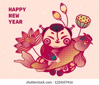 Children holding carp with lotus in Chinese paper art style