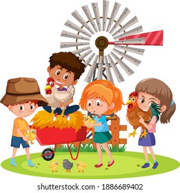 Children holding chicken with farm elements illustration