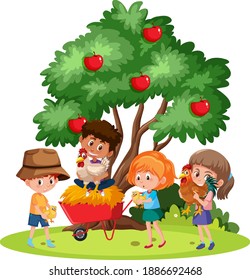 Children holding chicken with farm elements and apple tree illustration