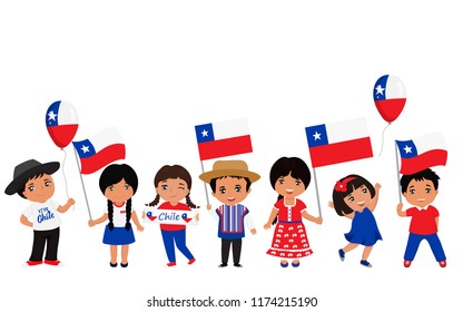 children holding Chile flags. Modern design template for greeting card, ad, promotion, poster, flyer, blog, article, social media Vector illustration