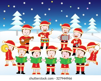 Children holding Christmas concert in the snowy mountains
