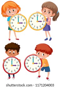 Children holding clock on white background illustration