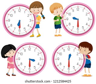 Children holding clock on white background illustration