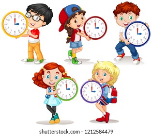 Children holding clock on white background illustration