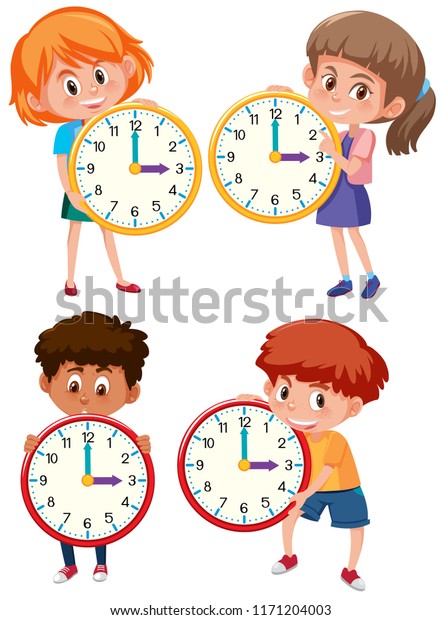 Children Holding Clock On White Background Stock Vector (Royalty Free ...