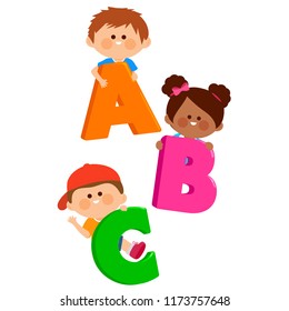 Children holding colorful letters. Vector illustration