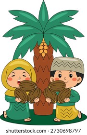 Niños sosteniendo fechas bajo la Ilustración vectorial de palmeras