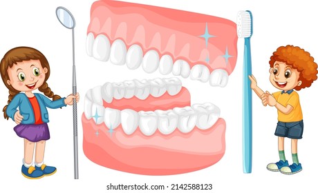Children holding dental mirror and toothbrush with whiten teeth on white background illustration