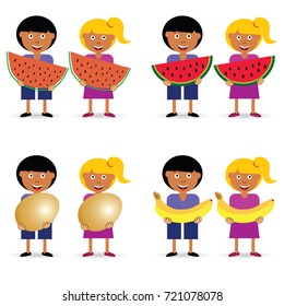 children holding egg and fruit set illustration in colorful