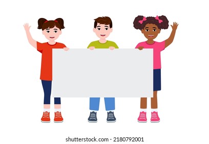 Children holding empty blank board. Kids are raised up posters. Holiday, celebration, festivity. Ready for your message. Space for text. Funny cartoon character. Isolated on white background Eps 10