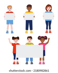 Children holding empty blank board. Kids are raised up posters. Holiday, celebration, festivity. Ready for your message. Space for text. Funny cartoon character. Isolated on white background Eps 10