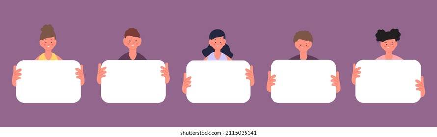 Children holding empty white banners. Cute cartoon kids with blank cards, cartoon little protest characters. Childish posters vector template for school, study or ad