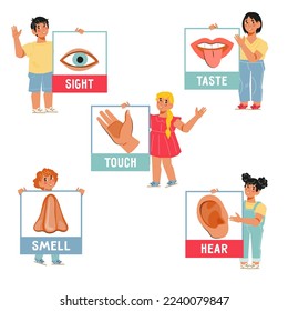 Children holding five senses cards, flat vector illustration isolated on white background. Set of five human senses symbols. Infographic for learning materials and worksheets for kids education.