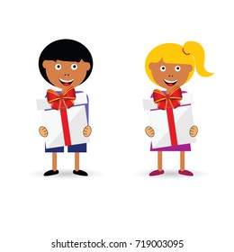 children holding gift box precious illustration in colorful
