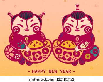 Children holding gold ingot in Chinese paper art style