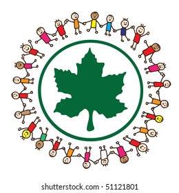 Children holding hands around a maple leaf