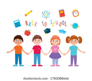 children holding hands between school supplies. back to school. vector illustration