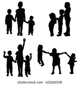 Children Holding Hands Black Vector Silhouette On White