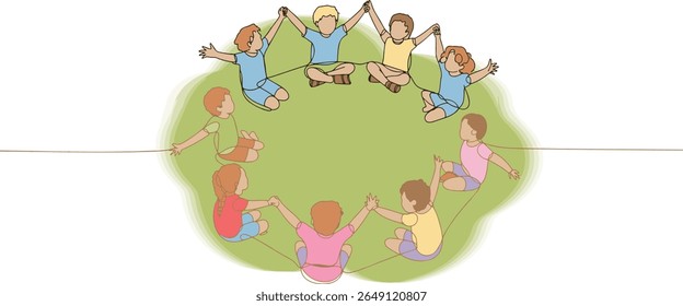 Children Holding Hands in a Circle on a Green Field, A Continuous Line Illustration of Friendship and Community