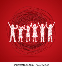 Children holding hands designed on line confuse background graphic vector.