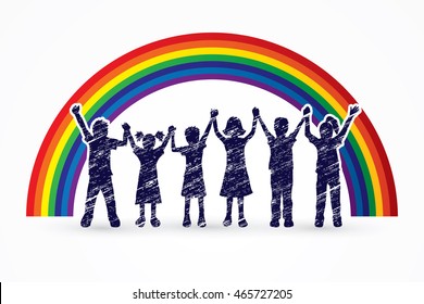 Children holding hands designed on line rainbows background graphic vector.