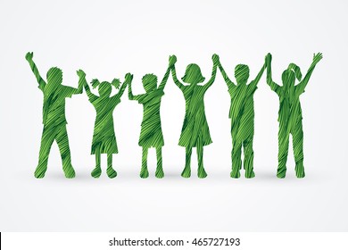 Children holding hands designed using green grunge brush graphic vector.