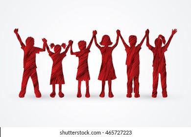 Children holding hands designed using red grunge brush graphic vector.