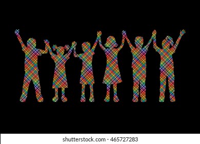 Children holding hands designed using colorful pixels graphic vector.