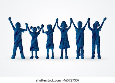 Children holding hands designed using blue grunge brush graphic vector.