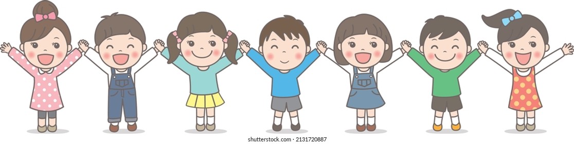 Children holding hands and doing banzai
