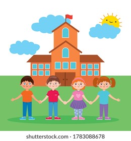 Kinder, die die Hände in den Vorderschulgebäude tragen Cartoon. zurück zur Schule. Vektorgrafik