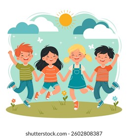 The children are holding hands, jumping and laughing with happiness. Friendship, games. Vector illustration.