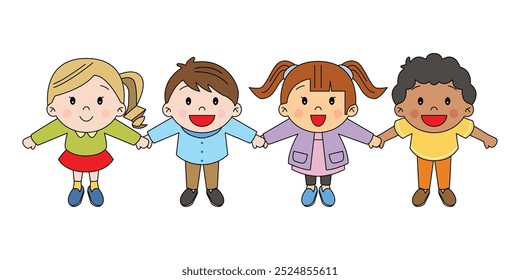 Children holding hands looking up happy and smiling in different races cute kawaii illustration japanese cartoon style drawing decorative isolated vector