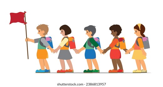 Children holding hands and walking in line.Kids going outdoor, safe elementary school or kindergarten road and street hiking for fun, education.flat style cartoon Vector illustration.