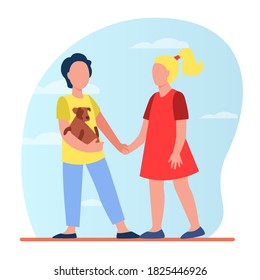 Children holding hands and walking with puppy. Flat kid friends with pet vector illustration design. Domestic animals and childhood concept for banner, website design or landing web page