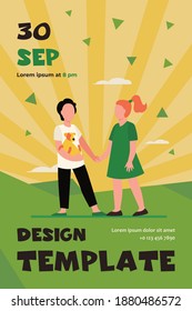 Children holding hands and walking with puppy. Pet, friend, kid flat vector illustration. Domestic animals and childhood concept for banner, website design or landing web page