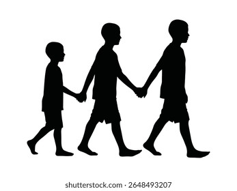 Children holding hands while walking together in a playful and friendly manner during a sunny day with brother 
