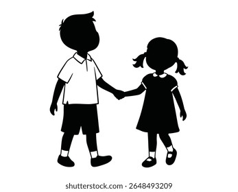 Children holding hands while walking together in a playful and friendly manner during a sunny day with brother 
