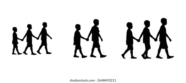 Children holding hands while walking together in a playful and friendly manner during a sunny day with brother 
