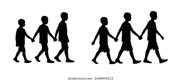 Children holding hands while walking together in a playful and friendly manner during a sunny day with brother 
