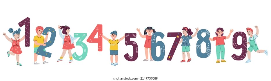 Children holding huge numbers, flat vector illustration isolated on white background. Educational worksheet with kids learning numbers and math.