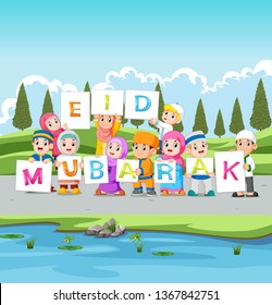 the children are holding the ied mubarak board near the river