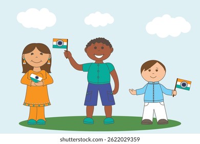 Children holding Indian flag vector, girl in national costume, India, children, flag, summer, happy children, Indian Independence Day, kid with flag, dark-skinned children