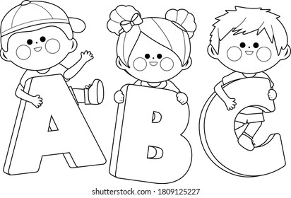 Children holding letters. Vector black and white coloring page.