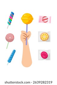 Children holding lollipops. Set of Candies Flat Icons Vector illustration stock Illustration