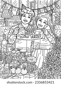 Children Holding New Year Banner Adults Coloring